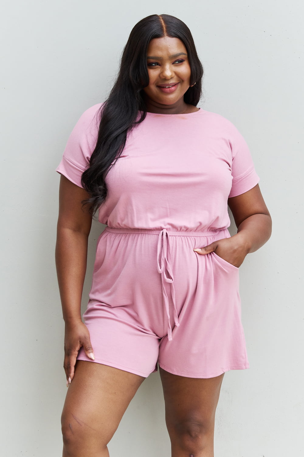 Zenana Chilled Out Full Size Short Sleeve Romper in Light Carnation Pink Romper Trendsi   