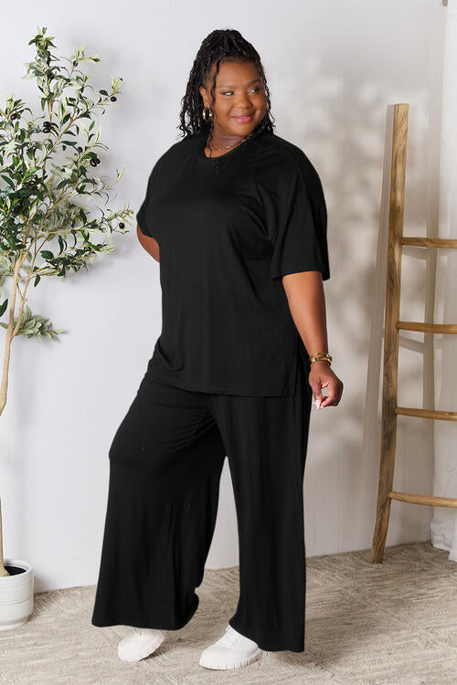 Double Take Full Size Round Neck Slit Top and Pants Set - NeoKira Unlimited