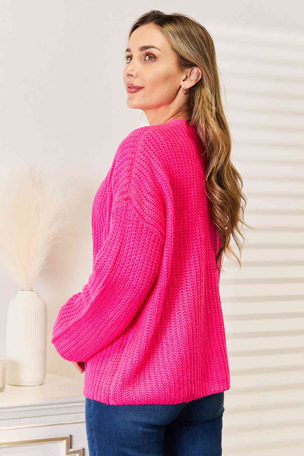 Woven Right Rib-Knit Open Front Drop Shoulder Cardigan Cardigan Trendsi   