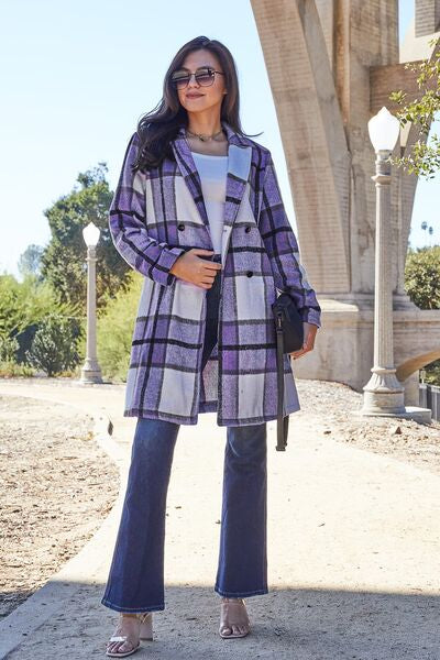 Double Take Full Size Plaid Button Up Lapel Collar Coat Coat Trendsi Violet S 