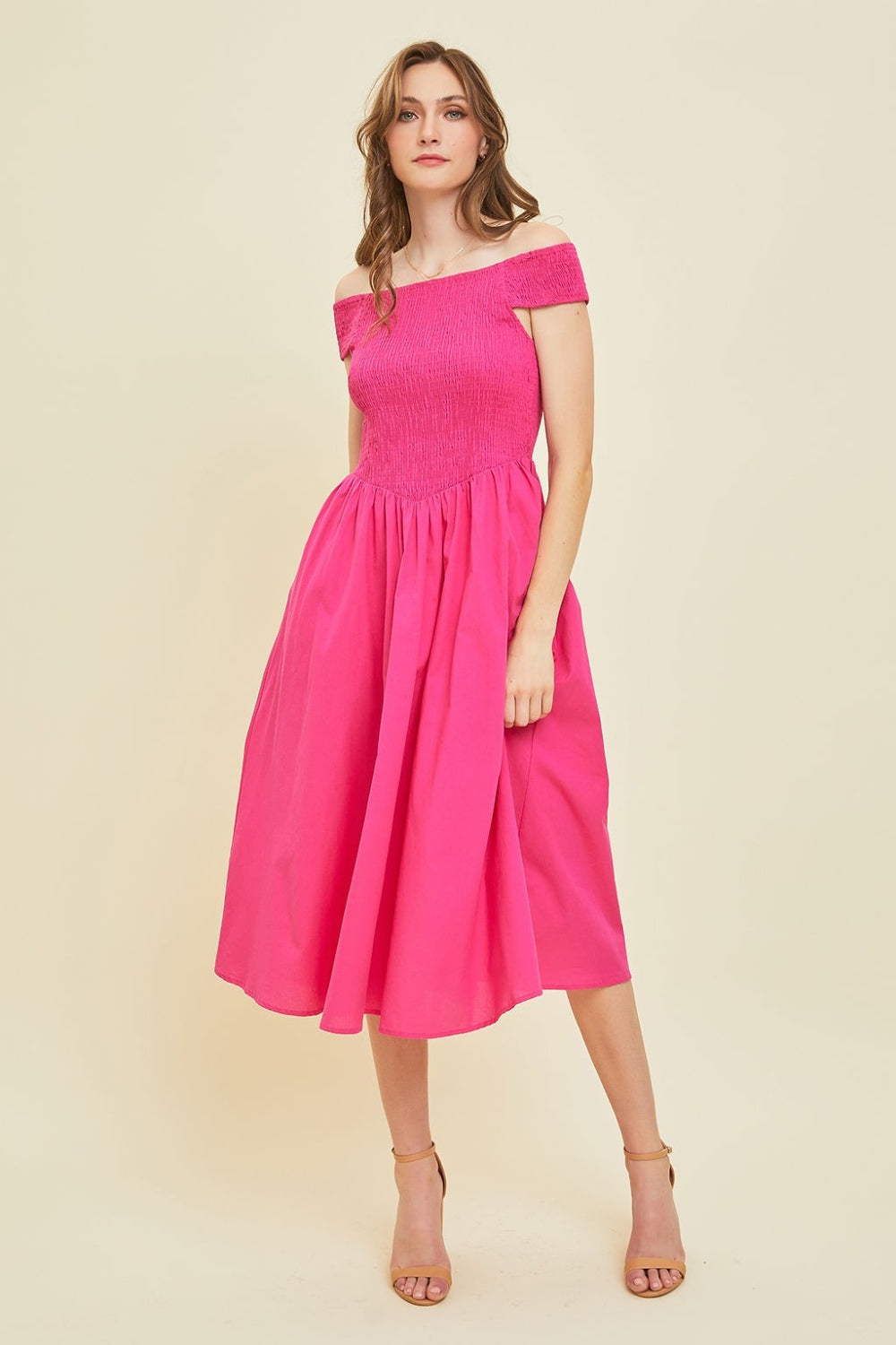 HEYSON Off-Shoulder Smocked Midi Dress Midi Dress Trendsi Fuchsia S 