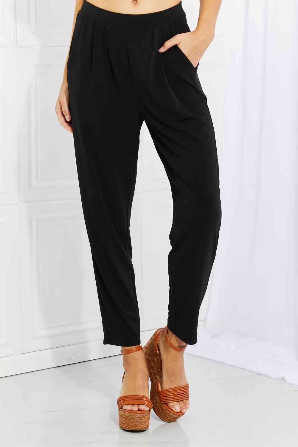 Zenana Pleated High Waist Pants with Side Pockets Pants Trendsi   