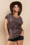 Ces Femme Fringe Detail Round Neck Short Sleeve Top Top Trendsi CHARCOAL S 