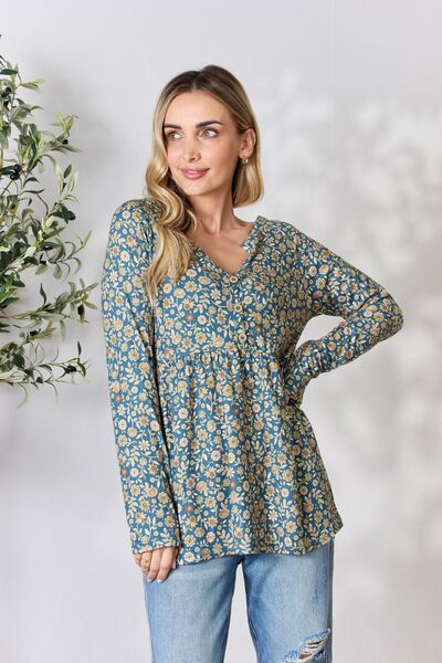 Heimish Full Size Floral Half Button Long Sleeve Blouse - NeoKira Unlimited
