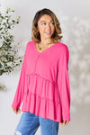 Double Take Half Button Long Sleeve Ruffle Hem Blouse Blouse Trendsi Hot Pink S 