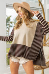 BiBi Striped Contrast Long Sleeve Slit Top Top Trendsi OATMEAL/MOCHA S 