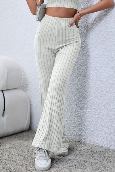 Basic Bae Full Size Ribbed High Waist Flare Pants Pants Trendsi   