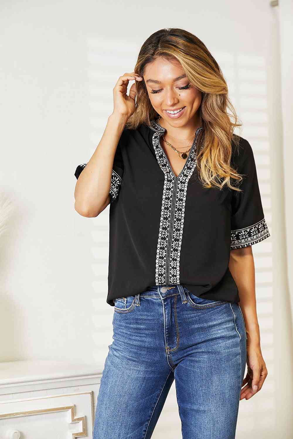 Double Take Embroidered Notched Neck Top - NeoKira Unlimited
