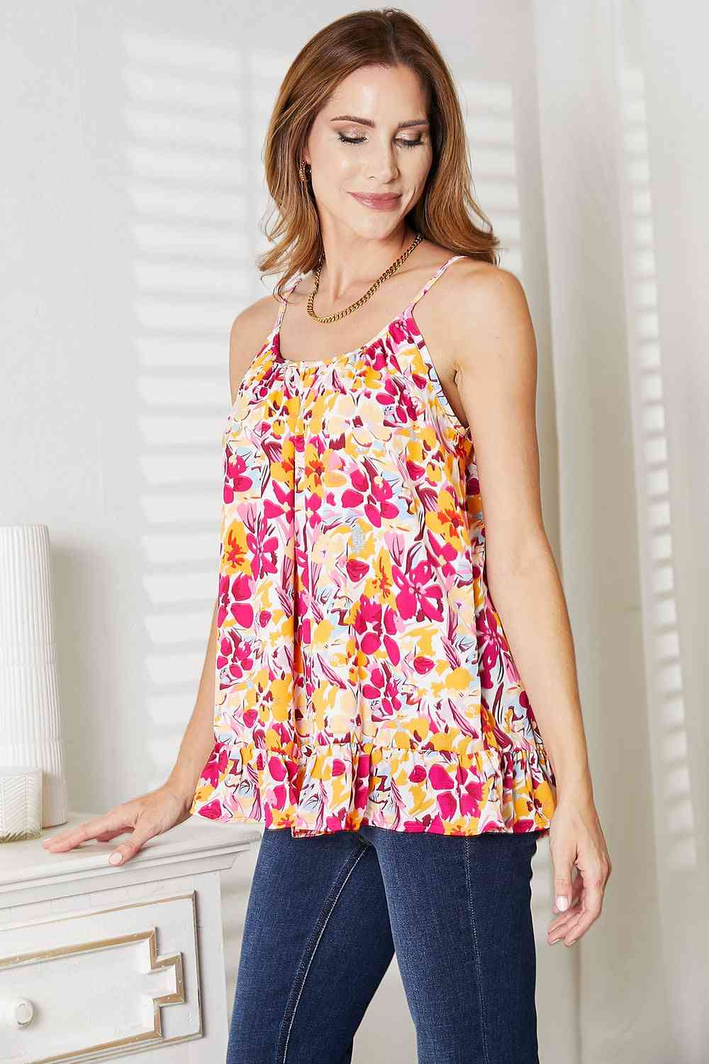 Double Take Floral Scoop Neck Ruffle Hem Cami Top Trendsi   