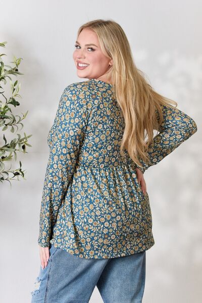 Heimish Full Size Floral Half Button Long Sleeve Blouse - NeoKira Unlimited
