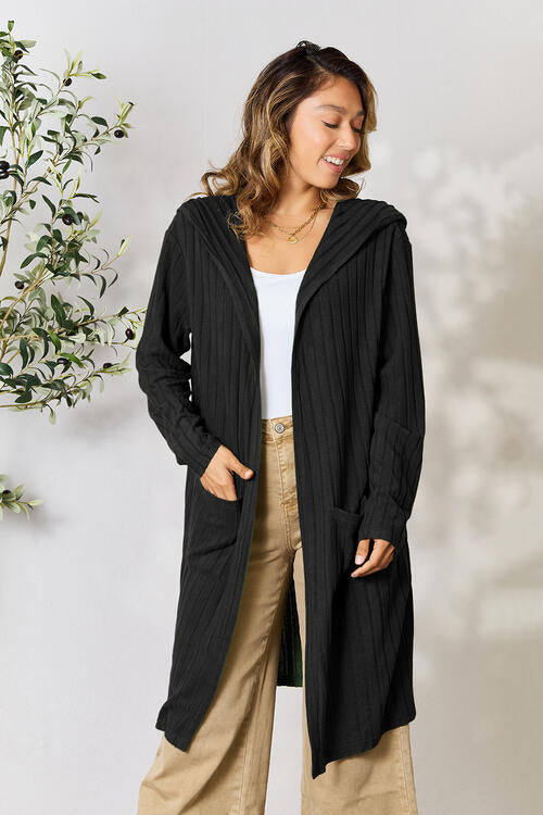 Basic Bae Full Size Ribbed Open Front Long Sleeve Cardigan Cardigan Trendsi Black S 