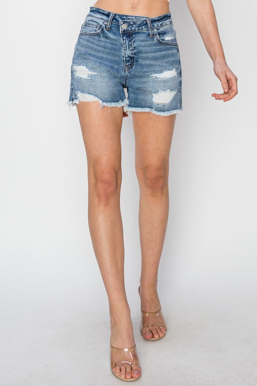 RISEN Stepped Waist Frayed Denim Shorts Denim Shorts Trendsi   