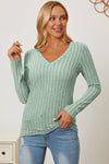 Basic Bae Full Size Ribbed V-Neck Long Sleeve Shirt Top Trendsi Gum Leaf S 