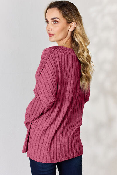 Basic Bae Full Size Ribbed Half Button Long Sleeve Top - NeoKira Unlimited