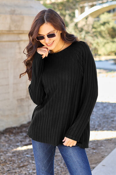 Basic Bae Full Size Ribbed Round Neck Long Sleeve Knit Top - NeoKira Unlimited