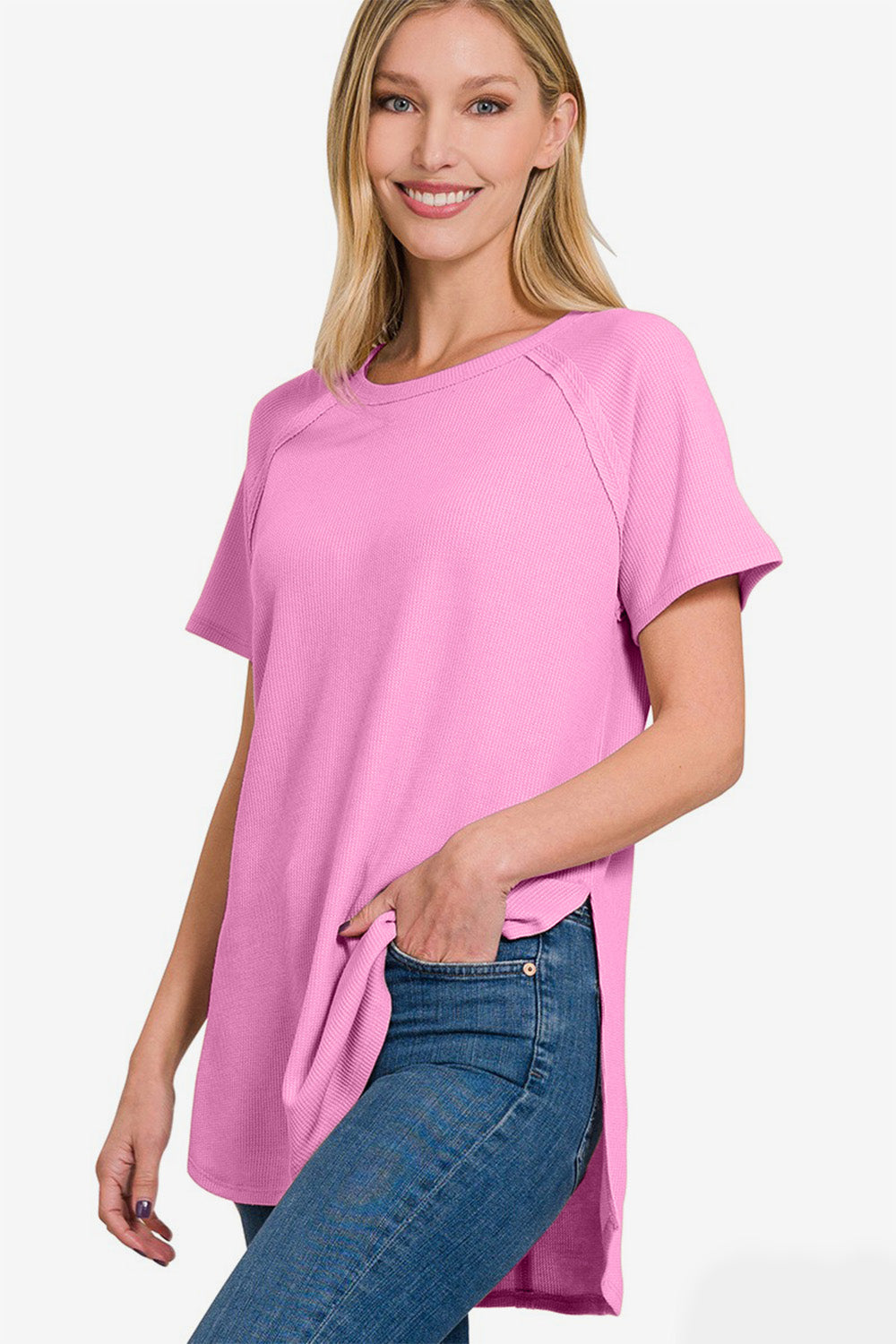 Zenana Slit Round Neck Short Sleeve Waffle Top T-Shirt Trendsi   