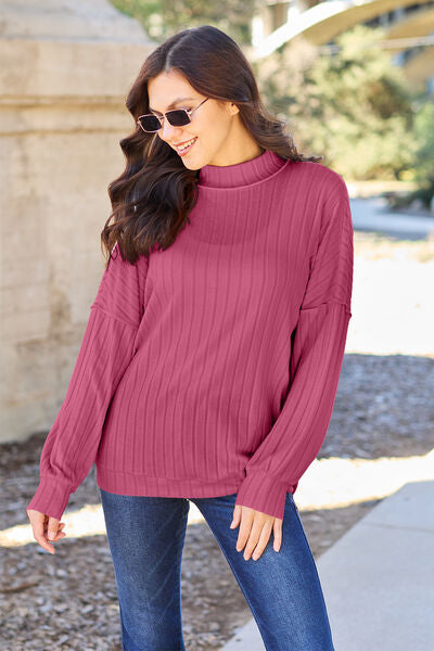 Basic Bae Full Size Ribbed Exposed Seam Mock Neck Knit Top - NeoKira Unlimited