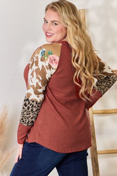 Hailey & Co Full Size Leopard Waffle-Knit Blouse - NeoKira Unlimited