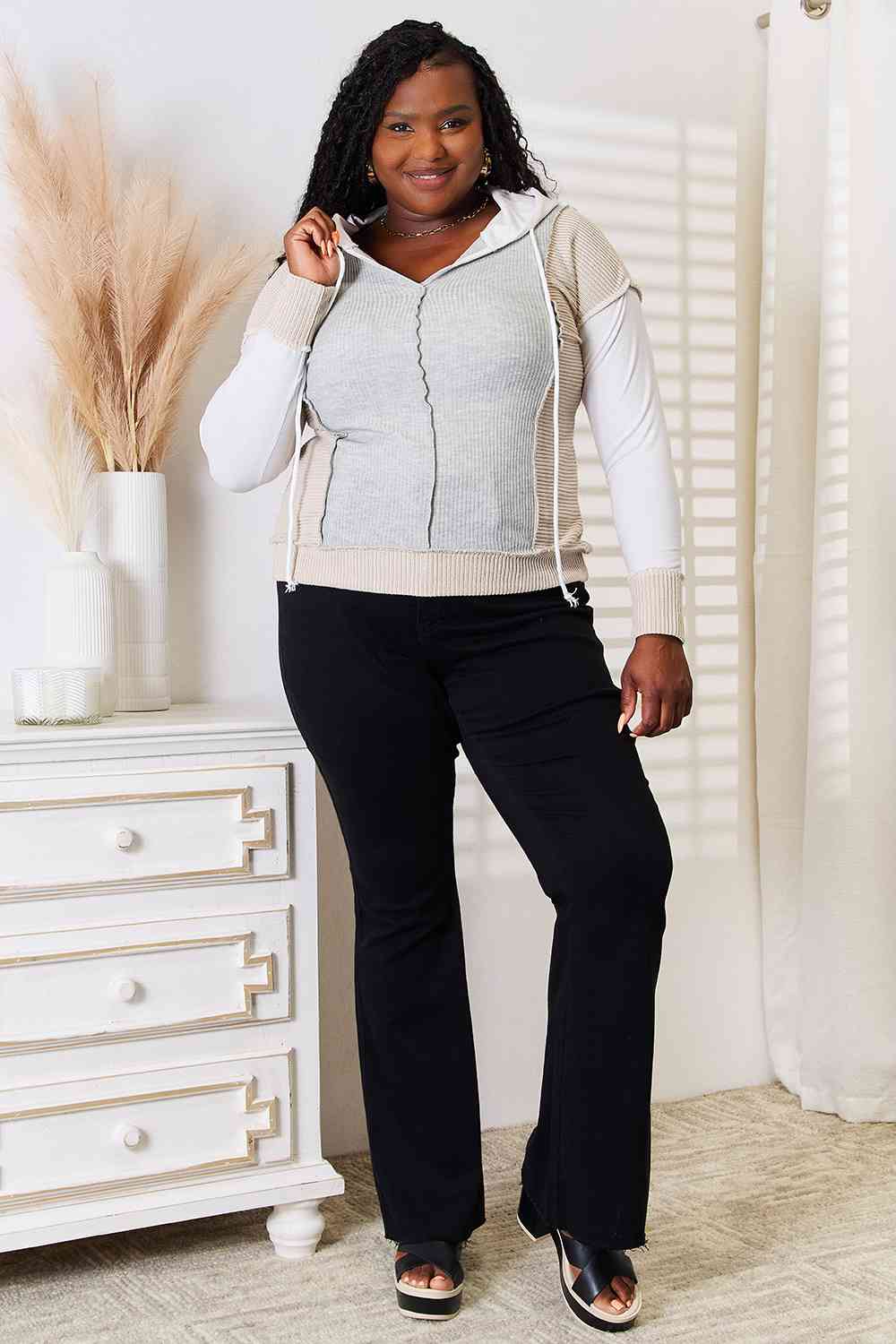 Double Take Color Block Exposed Seam Drawstring Hoodie - NeoKira Unlimited