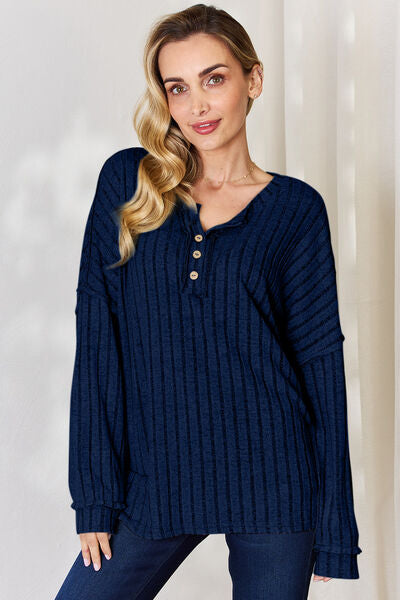 Basic Bae Full Size Ribbed Half Button Long Sleeve Top - NeoKira Unlimited