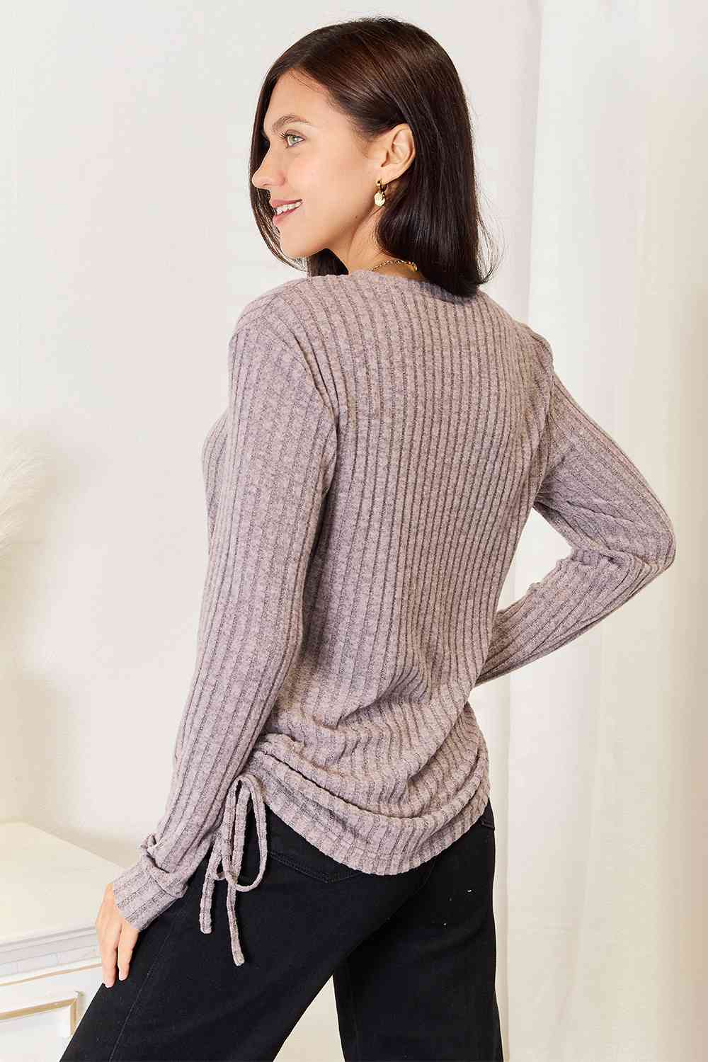Double Take Drawstring Ribbed Long Sleeve T-Shirt - NeoKira Unlimited