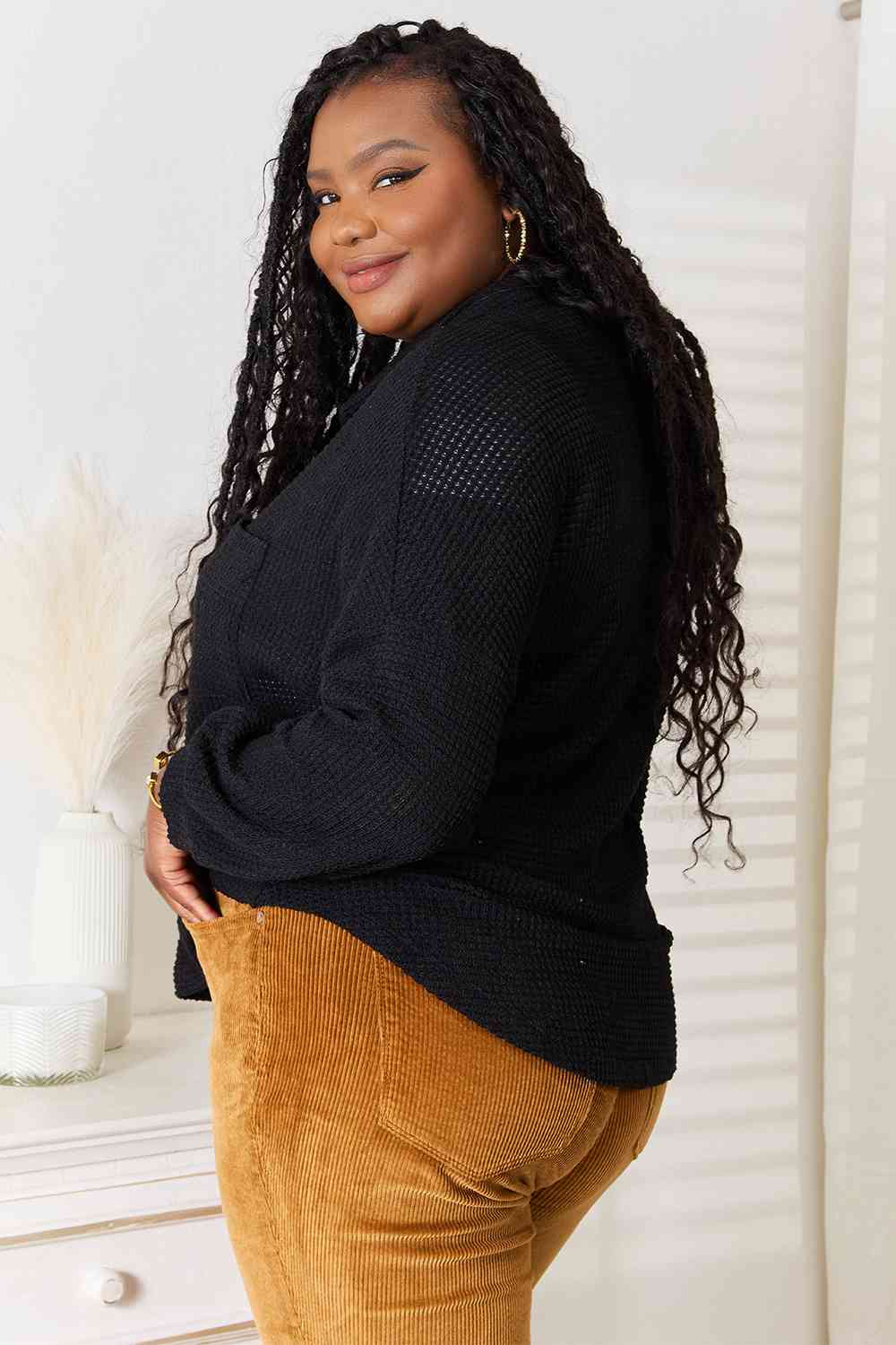 Double Take Waffle-Knit Collared Neck Dropped Shoulder Shirt - NeoKira Unlimited