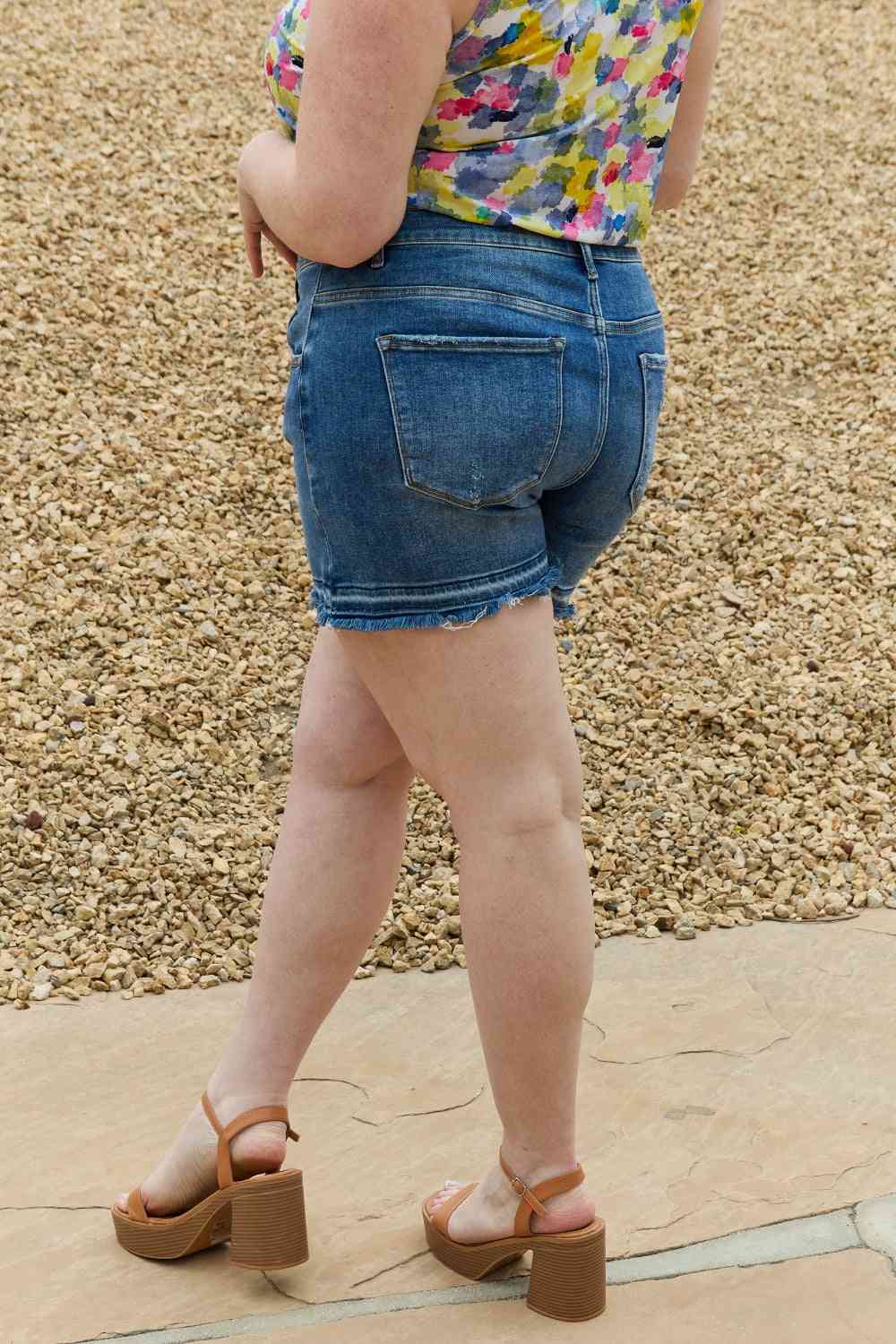 RISEN Maya Full Size Mid Rise Asymmetrical Shorts Denim Shorts Trendsi   