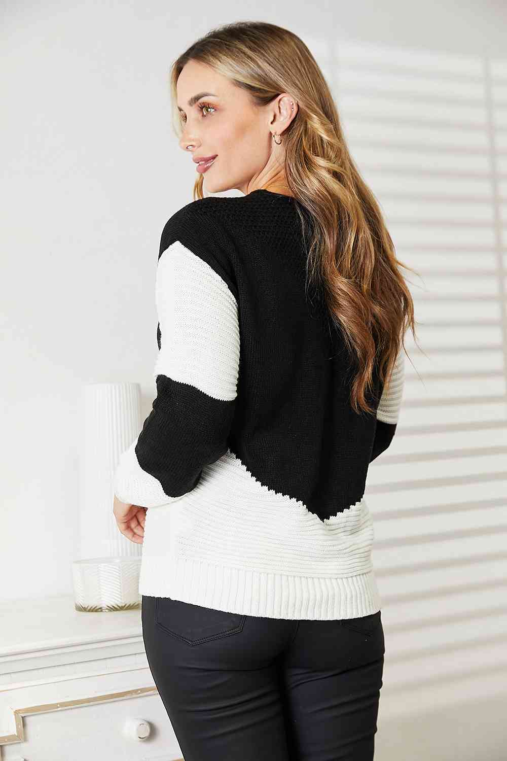 Woven Right Two-Tone Openwork Rib-Knit Sweater Sweater Trendsi   