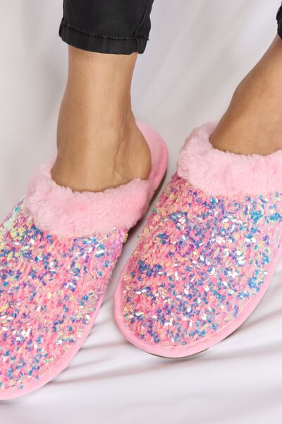 Forever Link Sequin Plush Round Toe Slippers Slippers Trendsi   