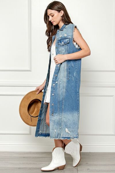 Veveret Full Size Distressed Sleeveless Longline Denim Jacket Jacket Trendsi   