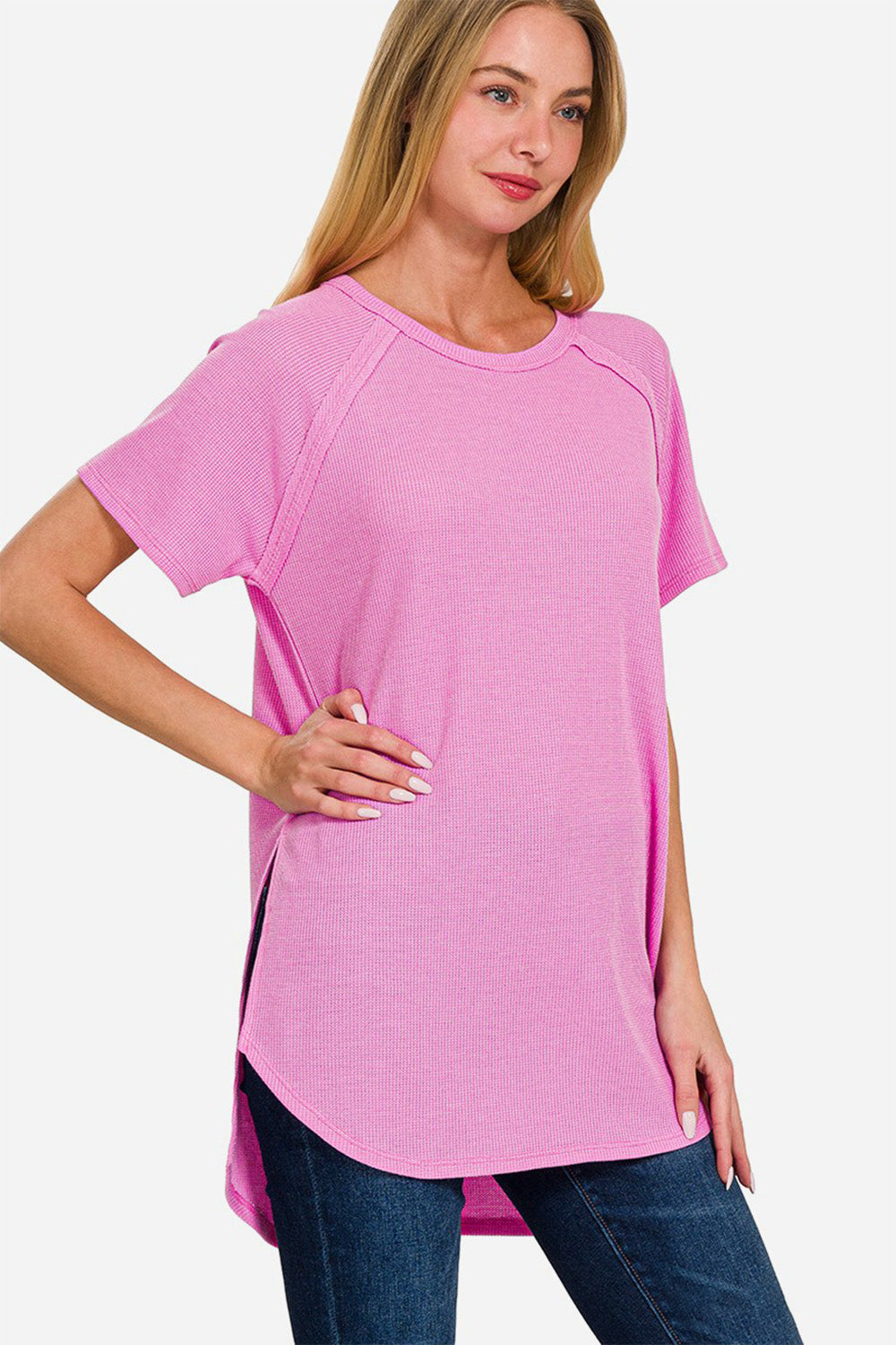 Zenana Slit Round Neck Short Sleeve Waffle Top T-Shirt Trendsi BRIGHT MAUVE S 