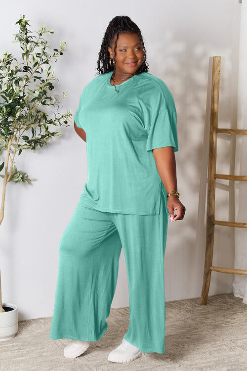 Double Take Full Size Round Neck Slit Top and Pants Set - NeoKira Unlimited
