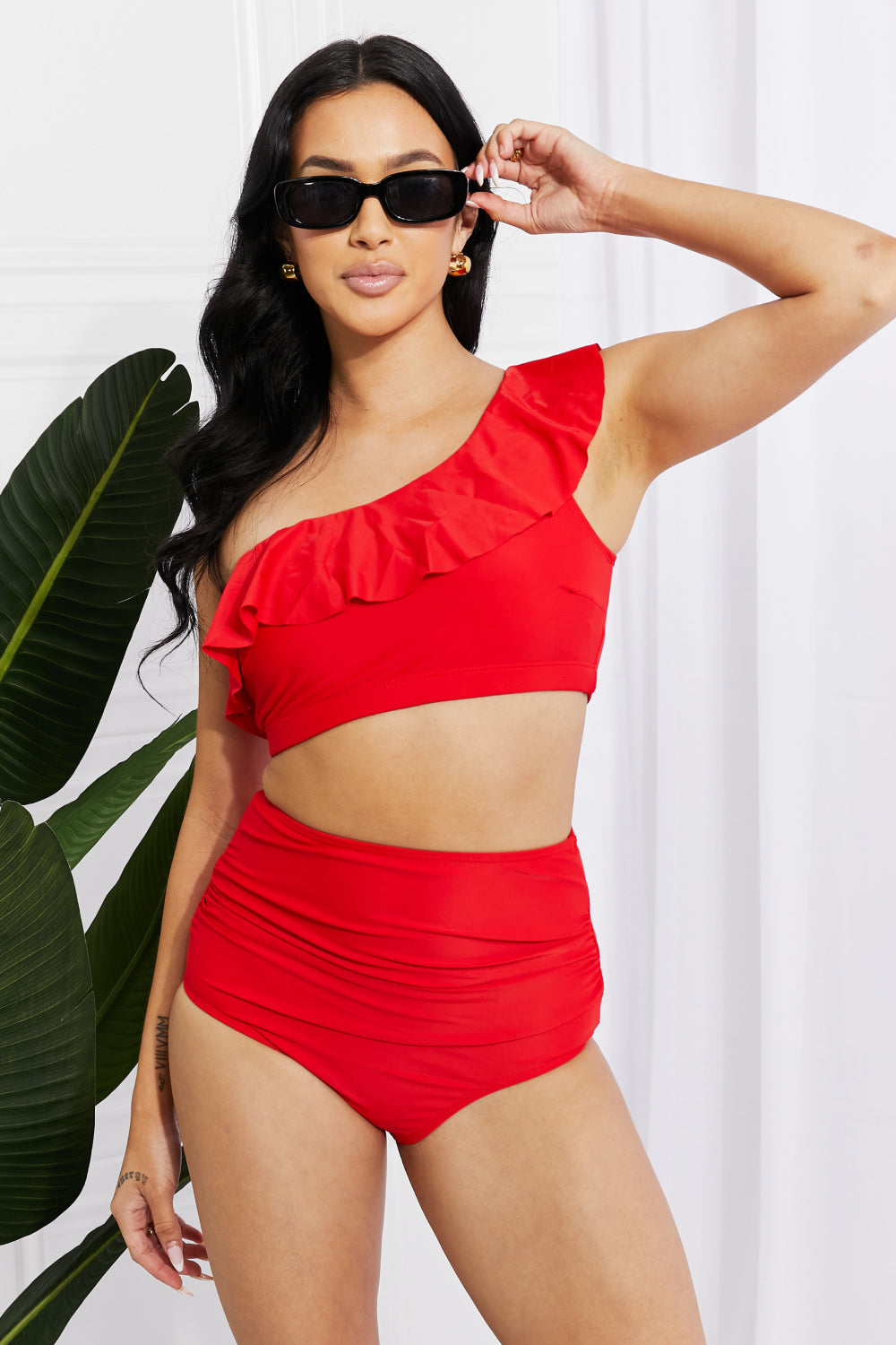 Marina West Swim Seaside Romance Ruffle One-Shoulder Bikini in Red Bikini Trendsi   