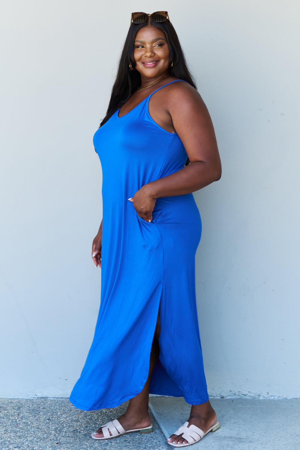 Ninexis Good Energy Full Size Cami Side Slit Maxi Dress in Royal Blue Maxi Dress Trendsi   