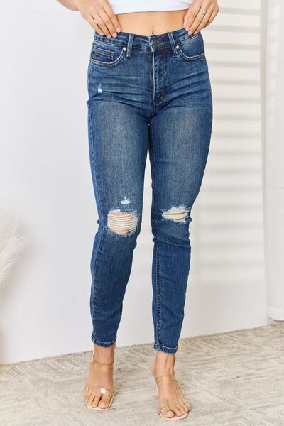 Judy Blue Full Size High Waist Distressed Slim Jeans Jeans Trendsi   