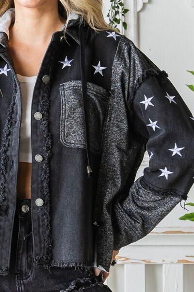 Veveret Star Embroidered Hooded Denim Jacket Jacket Trendsi   