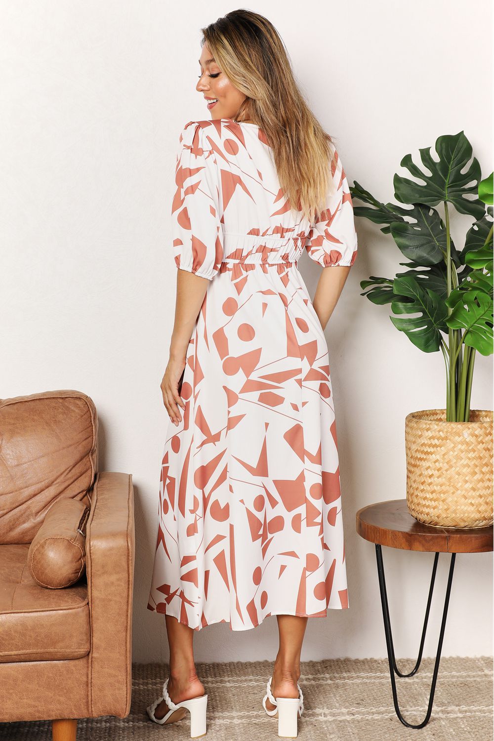 Printed Surplice Balloon Sleeve Dress - NeoKira Unlimited