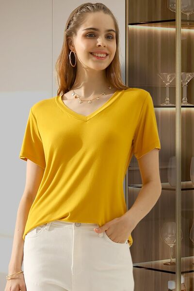 Ninexis Full Size V-Neck Short Sleeve T-Shirt T-Shirt Trendsi MUSTARD S 