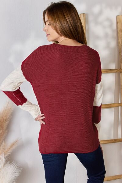 Hailey & Co Full Size Color Block Dropped Shoulder Knit Top Top Trendsi   