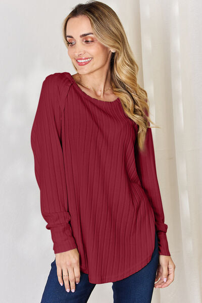 Basic Bae Full Size Ribbed Round Neck Slit Shirt - NeoKira Unlimited