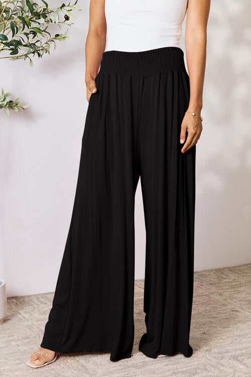 Double Take Full Size Smocked Wide Waistband Wide Leg Pants Pants Trendsi   