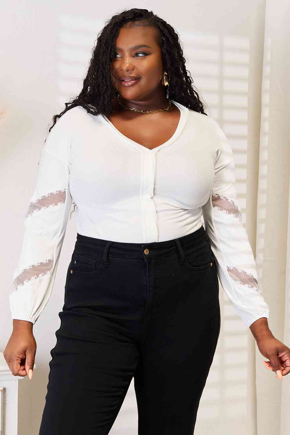 Double Take V-Neck Dropped Shoulder Blouse Top Trendsi White S 