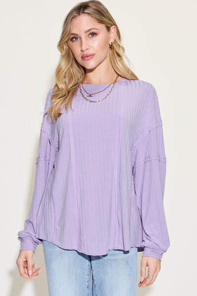 Basic Bae Full Size Ribbed Round Neck Long Sleeve T-Shirt Top Trendsi Lavender S 