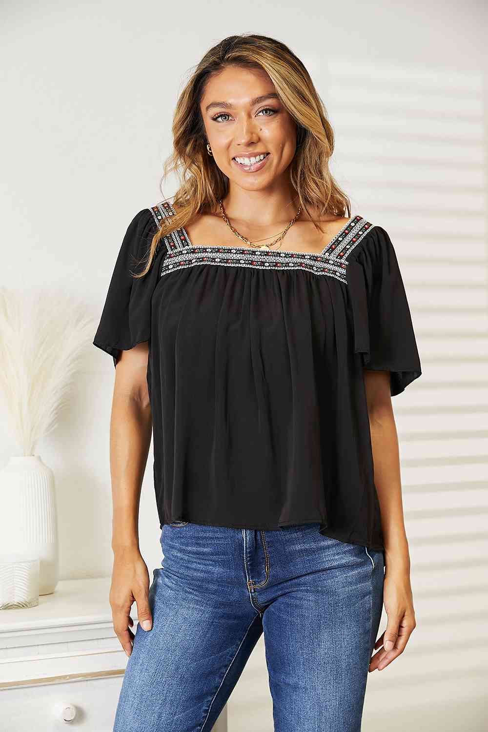 Double Take Contrast Square Neck Puff Sleeve Blouse Top Trendsi Black S 