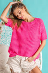 BiBi Texture Round Neck Short Sleeve Knit Top Top Trendsi Fuchsia S 