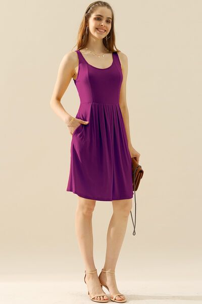 Doublju Full Size Round Neck Ruched Sleeveless Dress with Pockets Mini Dress Trendsi PLUM S 