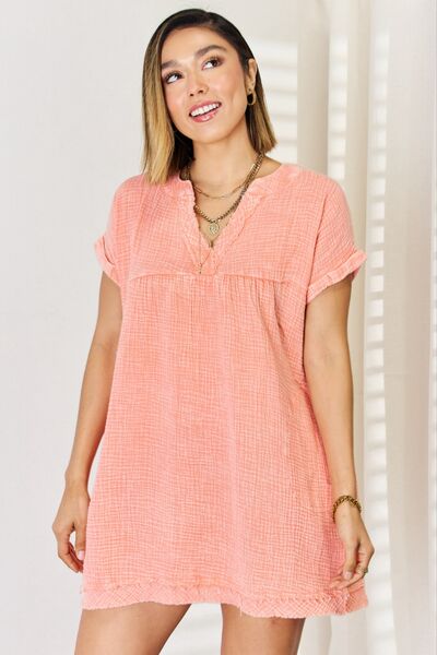 Zenana Washed Nochted Rolled Short Sleeve Dress Mini Dress Trendsi Coral S 