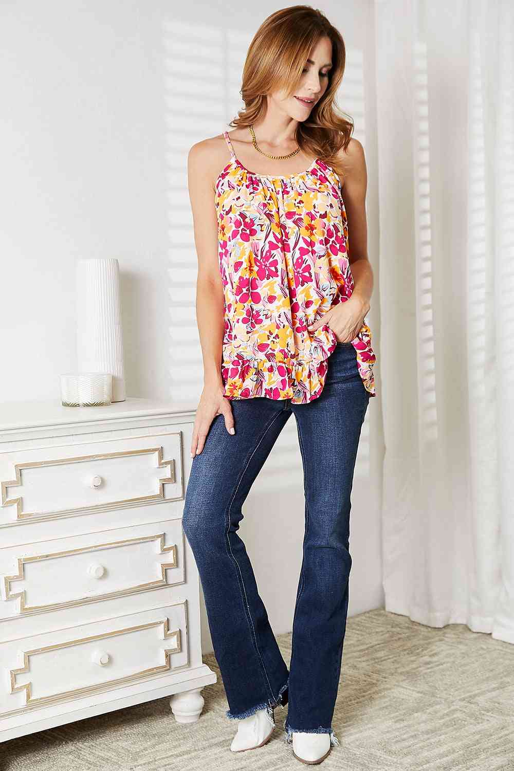 Double Take Floral Scoop Neck Ruffle Hem Cami - NeoKira Unlimited