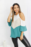 Hailey & Co Full Size Color Block Cold-Shoulder Blouse Top Trendsi White/Green S 