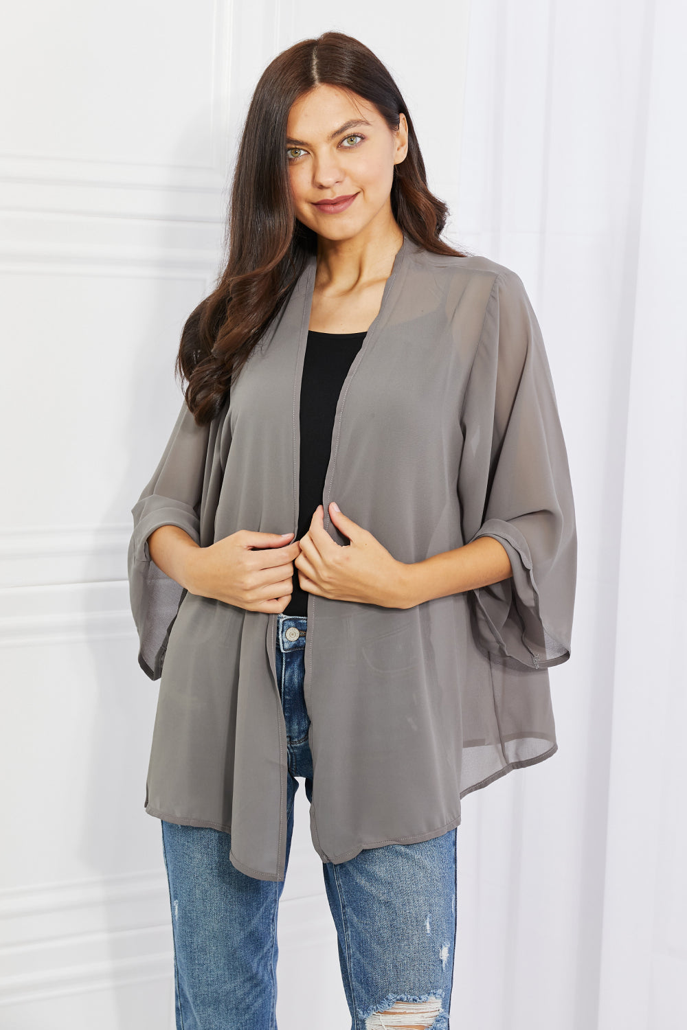 Melody Just Breathe Full Size Chiffon Kimono in Grey Kimono Trendsi   